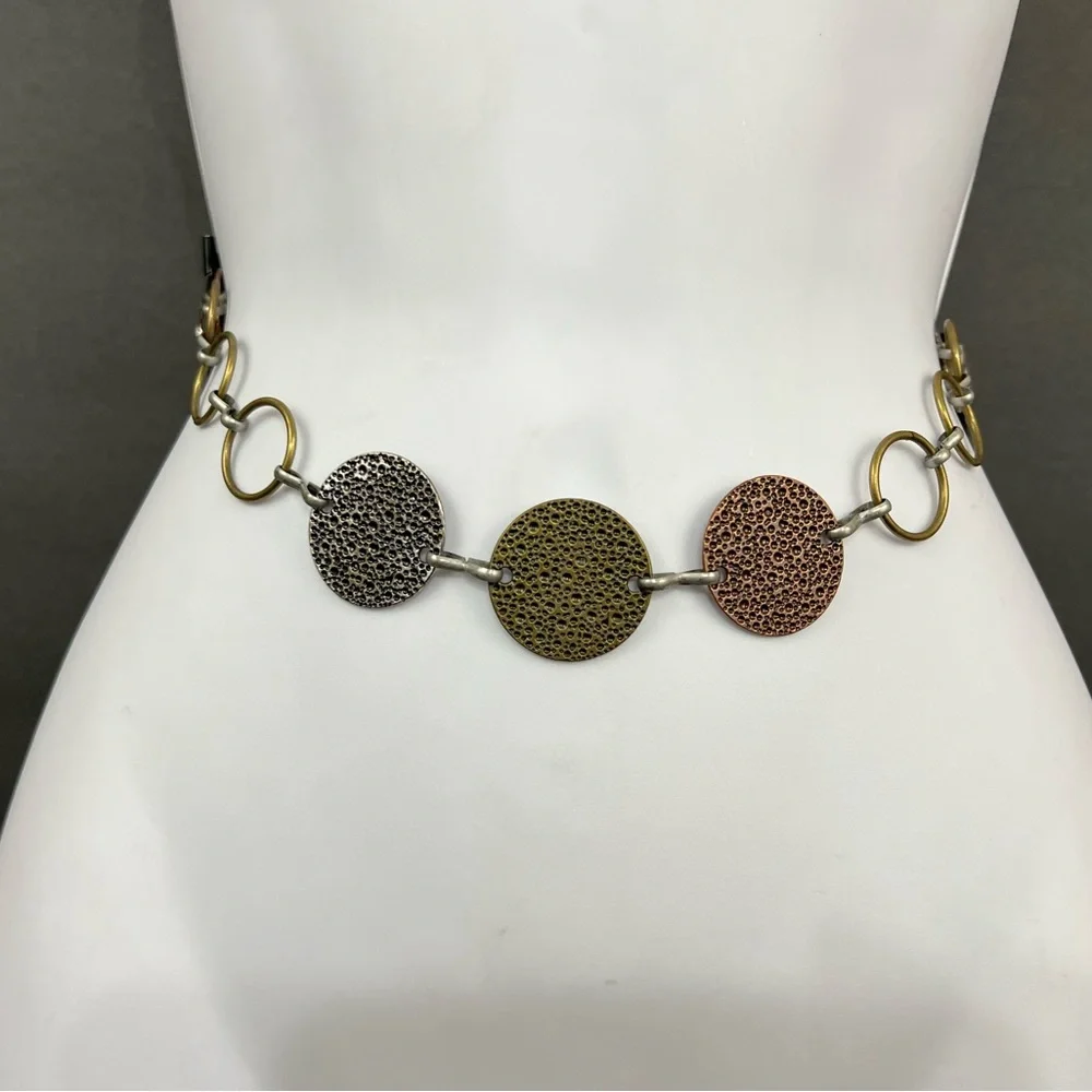 Vtg Women Chain LInk Belt Necklace Chunky Tri-Tone Mixed Metal Boho‎ Statement
